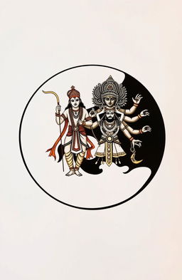 A creative interpretation of the yin and yang symbol featuring a divine representation of Ram Ji in the white section, portrayed as a heroic figure dressed in traditional Indian clothing, holding a bow and arrow, embodying strength and righteousness