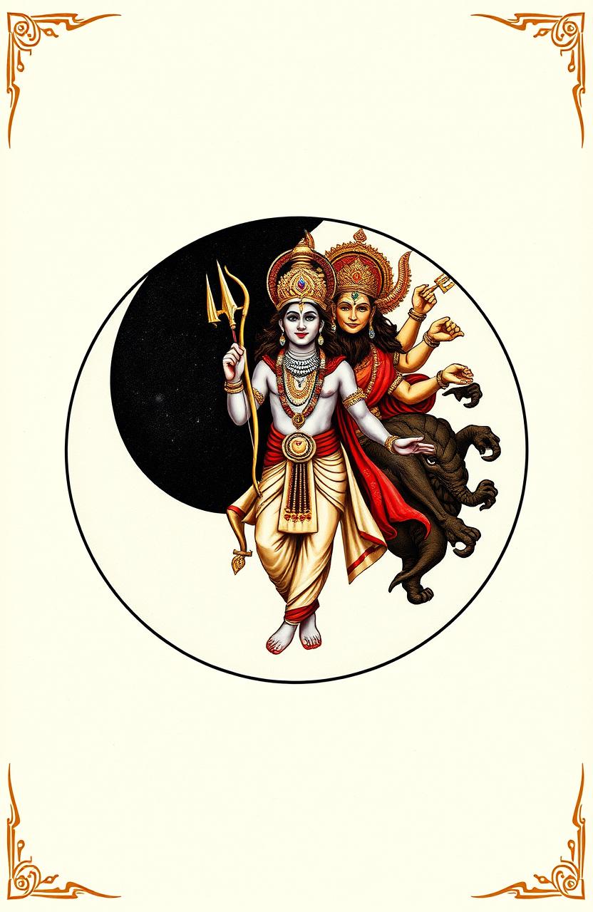 A creative interpretation of the yin and yang symbol featuring a divine representation of Ram Ji in the white section, portrayed as a heroic figure dressed in traditional Indian clothing, holding a bow and arrow, embodying strength and righteousness