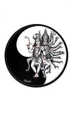 A creative interpretation of the yin and yang symbol featuring a divine representation of Ram Ji in the white section, portrayed as a heroic figure dressed in traditional Indian clothing, holding a bow and arrow, embodying strength and righteousness