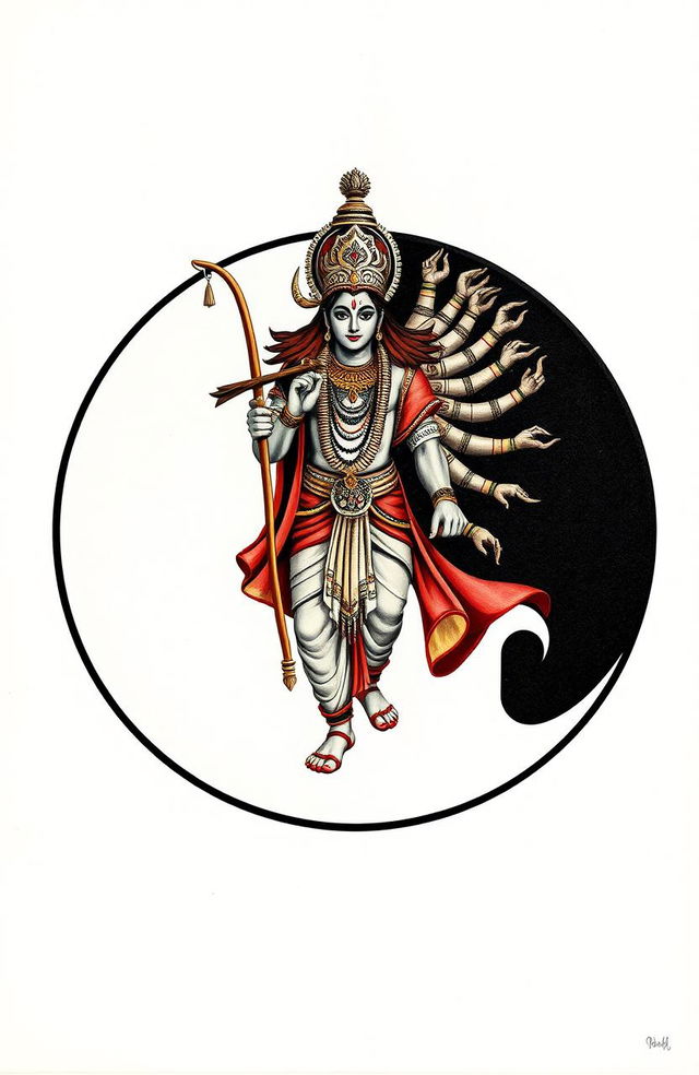 A creative interpretation of the yin and yang symbol featuring a divine representation of Ram Ji in the white section, portrayed as a heroic figure dressed in traditional Indian clothing, holding a bow and arrow, embodying strength and righteousness