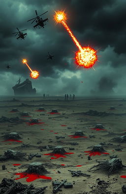 An eerie battlefield scene depicting mass graves scattered across a desolate landscape, splattered with bright red blood