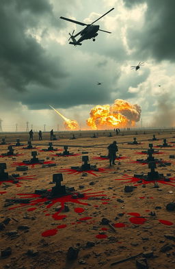 An eerie battlefield scene depicting mass graves scattered across a desolate landscape, splattered with bright red blood