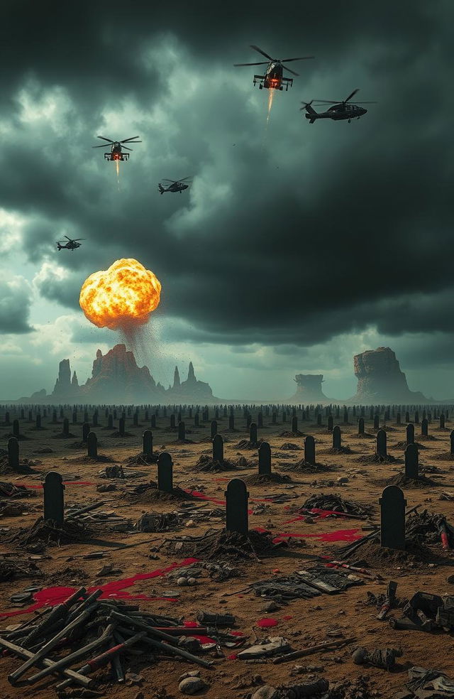 An eerie battlefield scene depicting mass graves scattered across a desolate landscape, splattered with bright red blood