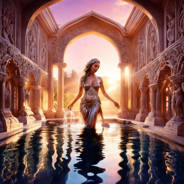 A goddess-like woman emerges from water resembling melted opal gems in a bathhouse made entirely of carved opal under sunrise lighting. Captured with a Panasonic Lumix S1R and Lumix S PRO 16-35mm f/4 Lens.