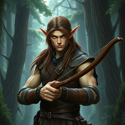 A stern male forest elf with a slender build, featuring long brown hair, slightly greenish skin, and intense green eyes