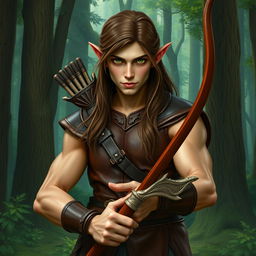 A stern male forest elf with a slender build, featuring long brown hair, slightly greenish skin, and intense green eyes
