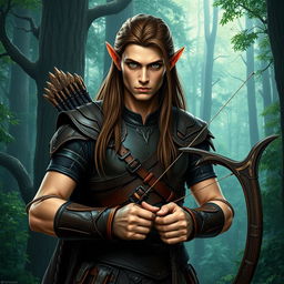 A stern male forest elf with a slender build, featuring long brown hair, slightly greenish skin, and intense green eyes