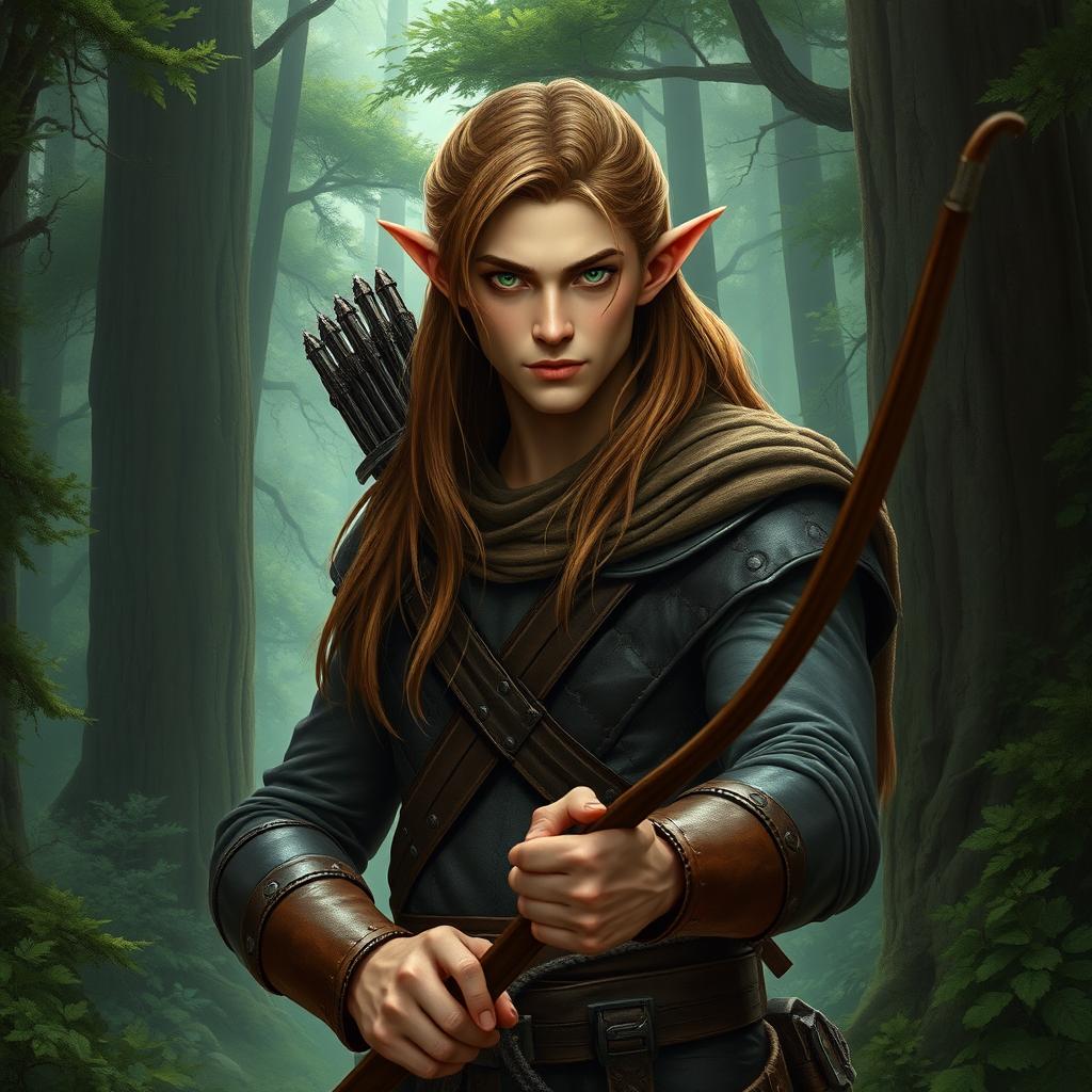 A stern male forest elf with a slender build, featuring long brown hair, slightly greenish skin, and intense green eyes