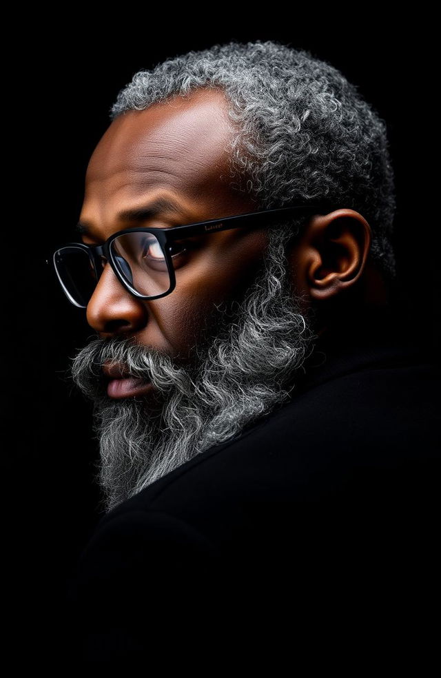 A distinguished Black man with a beard featuring grey streaks, showcasing wisdom and character