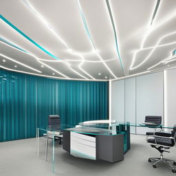 Grey and teal boss's office interior with a white ceiling adorned with lights, a glass office table, and two designer walls.