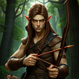 A stern male forest elf with a slender build, featuring long brown hair, slightly greenish skin, and striking green eyes