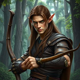 A stern male forest elf with a slender build, featuring long brown hair, slightly greenish skin, and striking green eyes