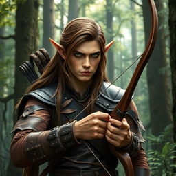 A stern male forest elf with a slender build, featuring long brown hair, slightly greenish skin, and striking green eyes