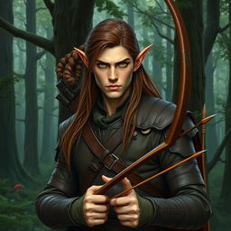 A stern male forest elf with a slender build, featuring long brown hair, slightly greenish skin, and striking green eyes