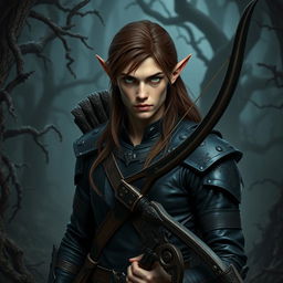 A stern male forest elf with a slender build, characterized by long brown hair, slightly greenish skin, and piercing green eyes