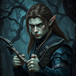 A stern male forest elf with a slender build, characterized by long brown hair, slightly greenish skin, and piercing green eyes