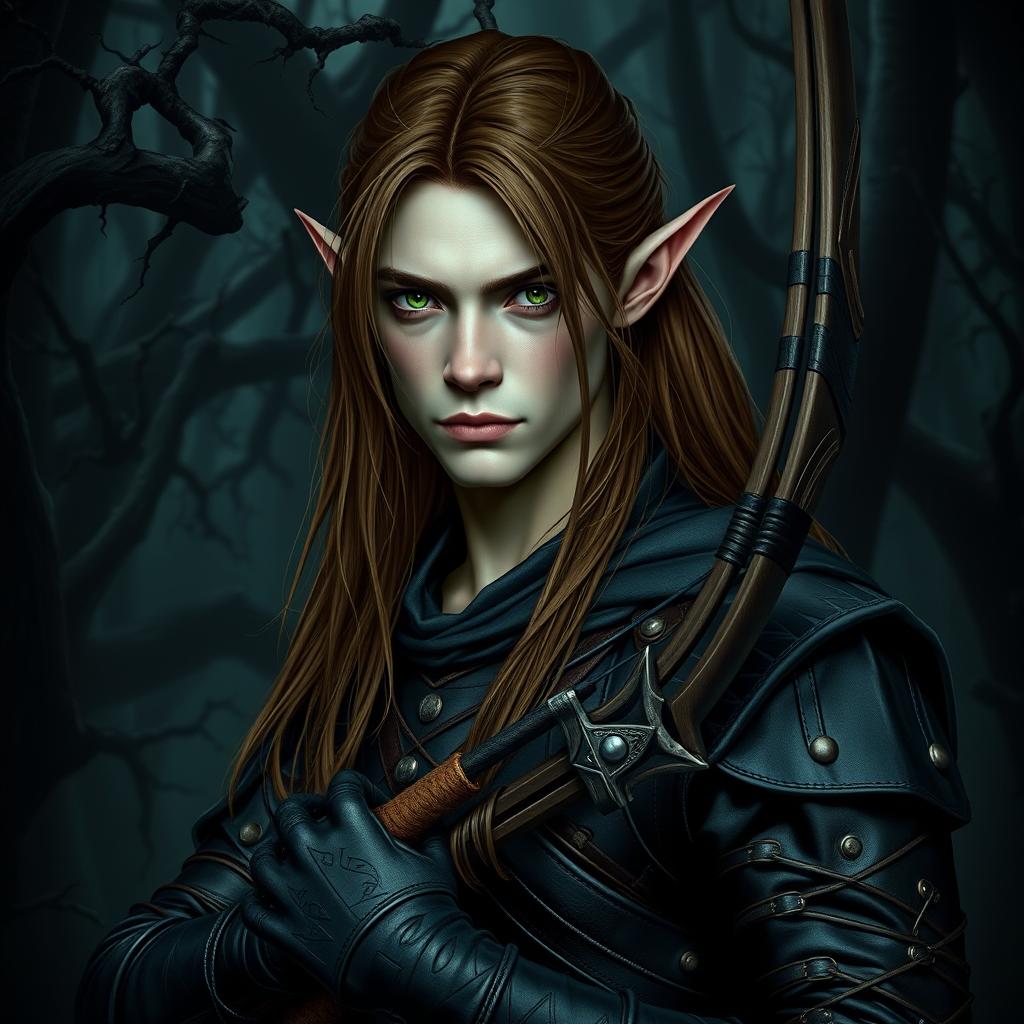 A stern male forest elf with a slender build, characterized by long brown hair, slightly greenish skin, and piercing green eyes