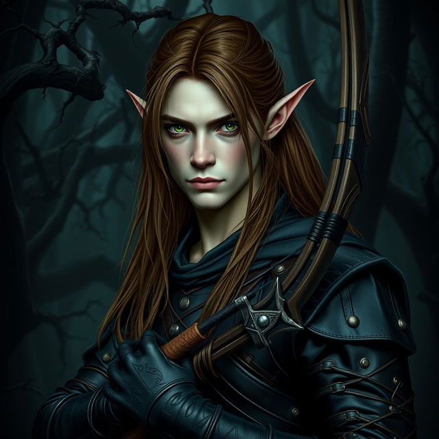 A stern male forest elf with a slender build, characterized by long brown hair, slightly greenish skin, and piercing green eyes