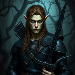 A stern male forest elf with a slender build, characterized by long brown hair, slightly greenish skin, and piercing green eyes