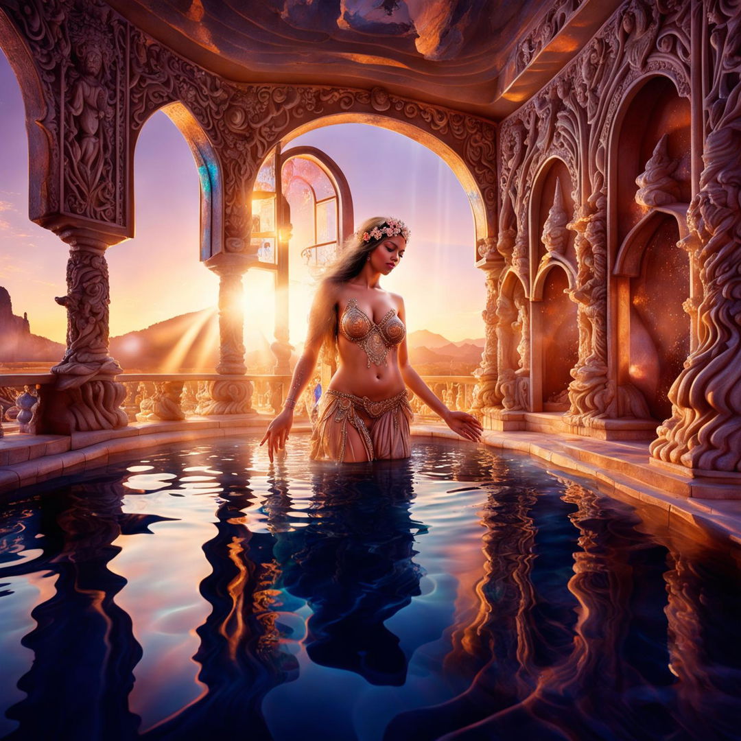 A goddess-like woman emerges from water resembling melted opal gems in a bathhouse made entirely of carved opal under sunrise lighting. Captured with a Panasonic Lumix S1R and Lumix S PRO 16-35mm f/4 Lens.