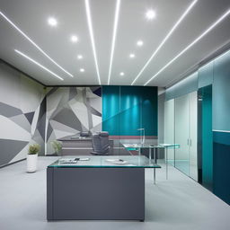 Grey and teal boss's office interior with a white ceiling adorned with lights, a glass office table, and two designer walls.