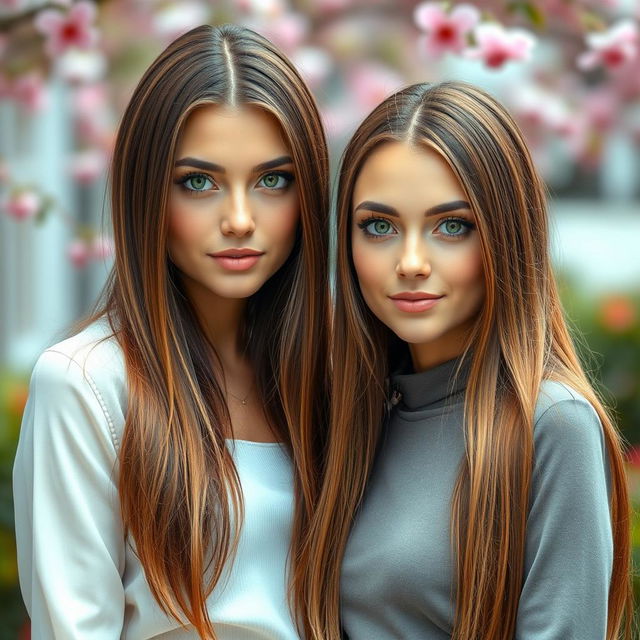 A captivating portrait featuring two women, both with long, straight brown hair and exceptionally bright green eyes that draw attention