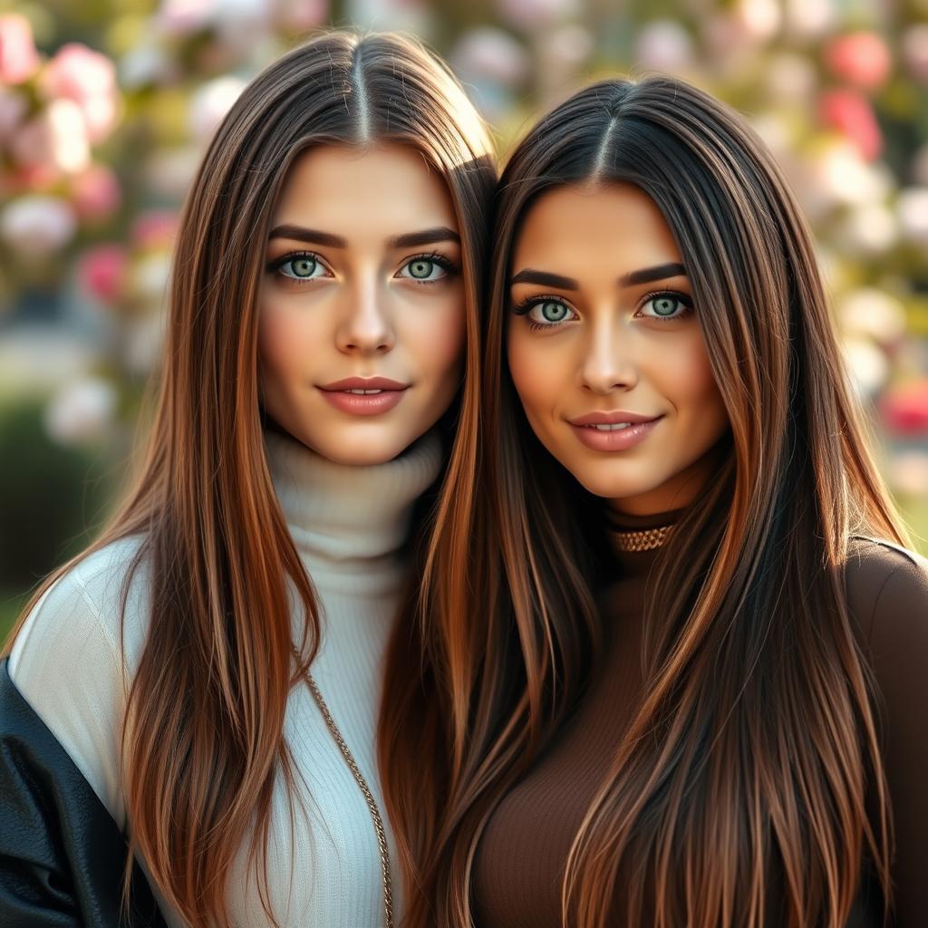 A captivating portrait featuring two women, both with long, straight brown hair and exceptionally bright green eyes that draw attention