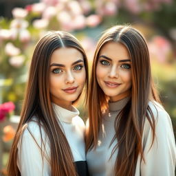 A captivating portrait featuring two women, both with long, straight brown hair and exceptionally bright green eyes that draw attention