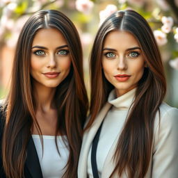 A captivating portrait featuring two women, both with long, straight brown hair and exceptionally bright green eyes that draw attention