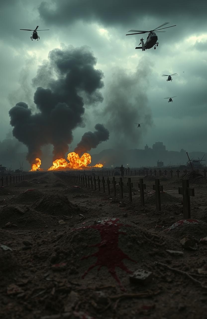 A dramatic war scene depicting mass graves with splashes of blood on the ground, emphasizing the chaos and devastation of battle