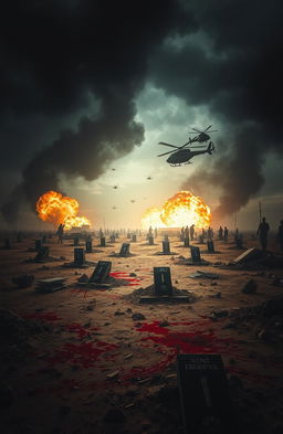 A dramatic war scene depicting mass graves with splashes of blood on the ground, emphasizing the chaos and devastation of battle