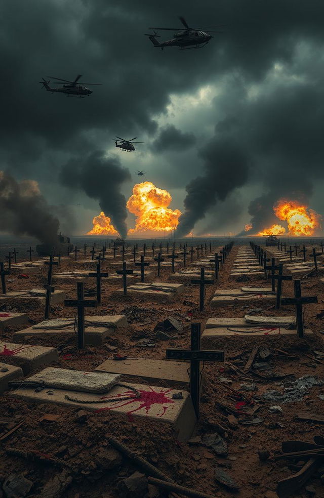 A dramatic war scene depicting mass graves with splashes of blood on the ground, emphasizing the chaos and devastation of battle