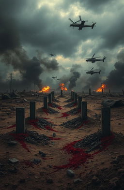 A dramatic war scene depicting mass graves with splashes of blood on the ground, emphasizing the chaos and devastation of battle