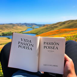 A person sitting in a beautiful landscape, deeply focused on reading an open book