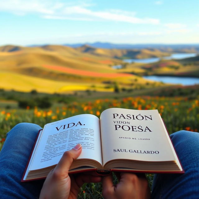 A person sitting in a beautiful landscape, deeply focused on reading an open book