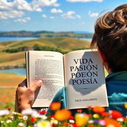 A person sitting in a beautiful landscape, deeply focused on reading an open book