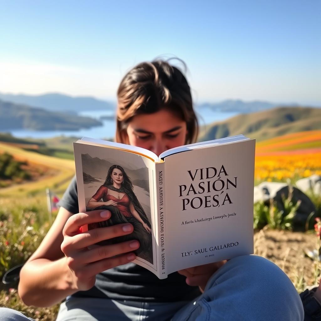 A person sitting in a beautiful landscape, deeply focused on reading an open book