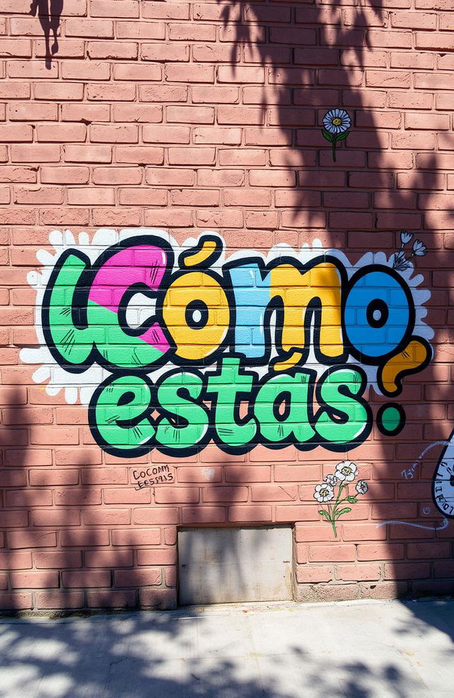 A vibrant street art scene featuring the phrase "¿Cómo estás?" beautifully painted on a textured brick wall