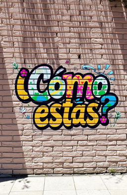 A vibrant street art scene featuring the phrase "¿Cómo estás?" beautifully painted on a textured brick wall
