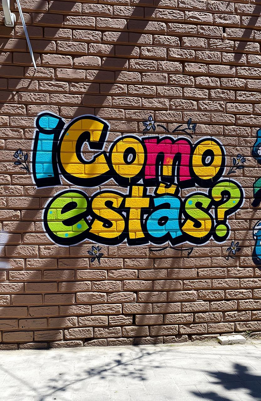 A vibrant street art scene featuring the phrase "¿Cómo estás?" beautifully painted on a textured brick wall