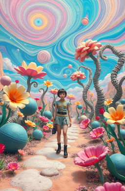 A surreal landscape depicting a character who feels trapped in a vibrant, artificial world, filled with exaggerated colors, whimsical shapes, and dreamlike elements