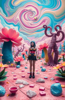 A surreal landscape depicting a character who feels trapped in a vibrant, artificial world, filled with exaggerated colors, whimsical shapes, and dreamlike elements
