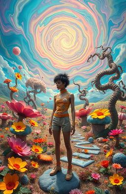 A surreal landscape depicting a character who feels trapped in a vibrant, artificial world, filled with exaggerated colors, whimsical shapes, and dreamlike elements