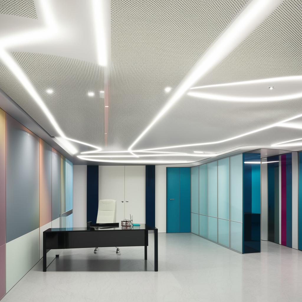 Grey and teal boss's office interior with a white ceiling adorned with lights, a glass office table, and two designer walls.