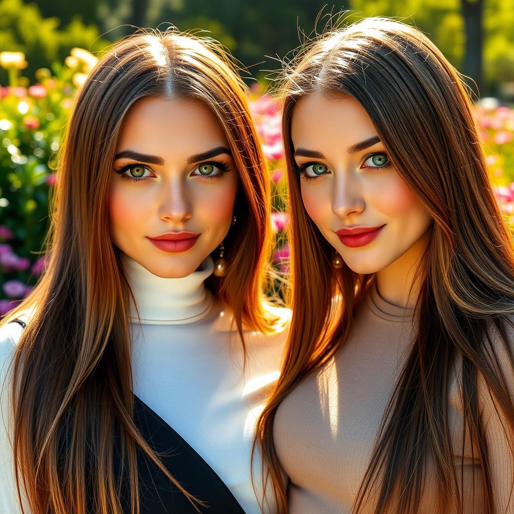 A stunning photograph featuring two women, both with long, straight brown hair and strikingly bright green eyes that captivate with their intensity