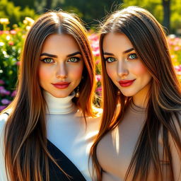 A stunning photograph featuring two women, both with long, straight brown hair and strikingly bright green eyes that captivate with their intensity