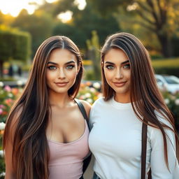 A stunning photograph featuring two women, both with long, straight brown hair and strikingly bright green eyes that captivate with their intensity