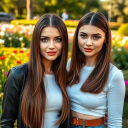 A stunning photograph featuring two women, both with long, straight brown hair and strikingly bright green eyes that captivate with their intensity