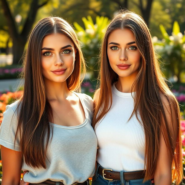 A stunning photograph featuring two women, both with long, straight brown hair and strikingly bright green eyes that captivate with their intensity