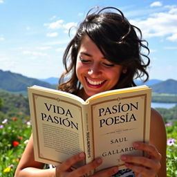 A person immersed in a beautiful landscape, happily reading an open book